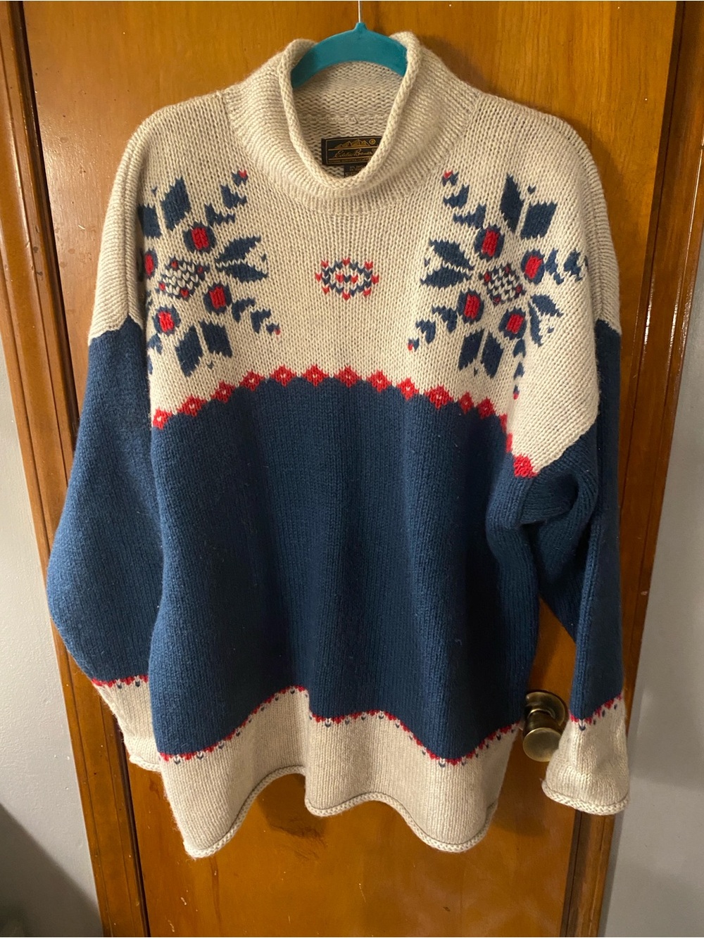 Eddie Bauer Navy, Cream and Red Fair Isle Roll Neck Sweater 90s vintage